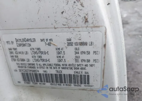 2002 Dodge Ram 2500 St z USA, uszkodzony, nr VIN 3B7KC26Z72M308574